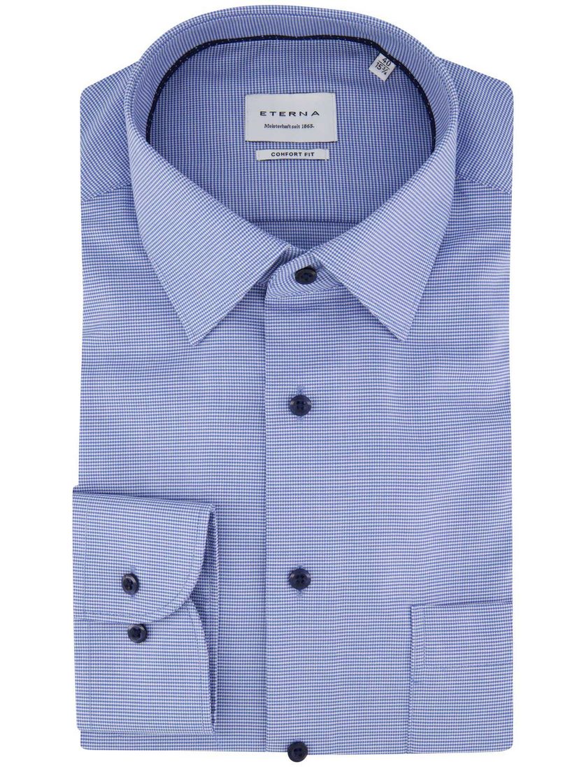 Eterna overhemd blauw geprint borstzak katoen strijkvrij