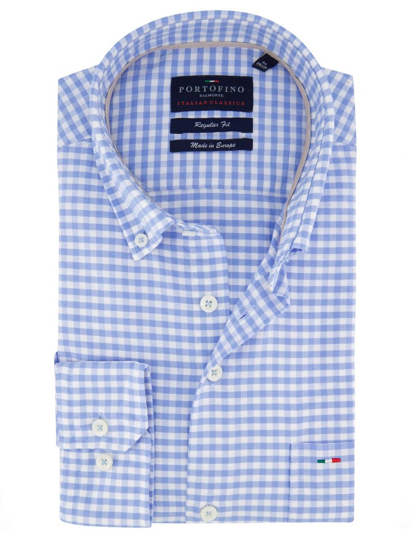Lichtblauw geruit Portofino overhemd borstzak