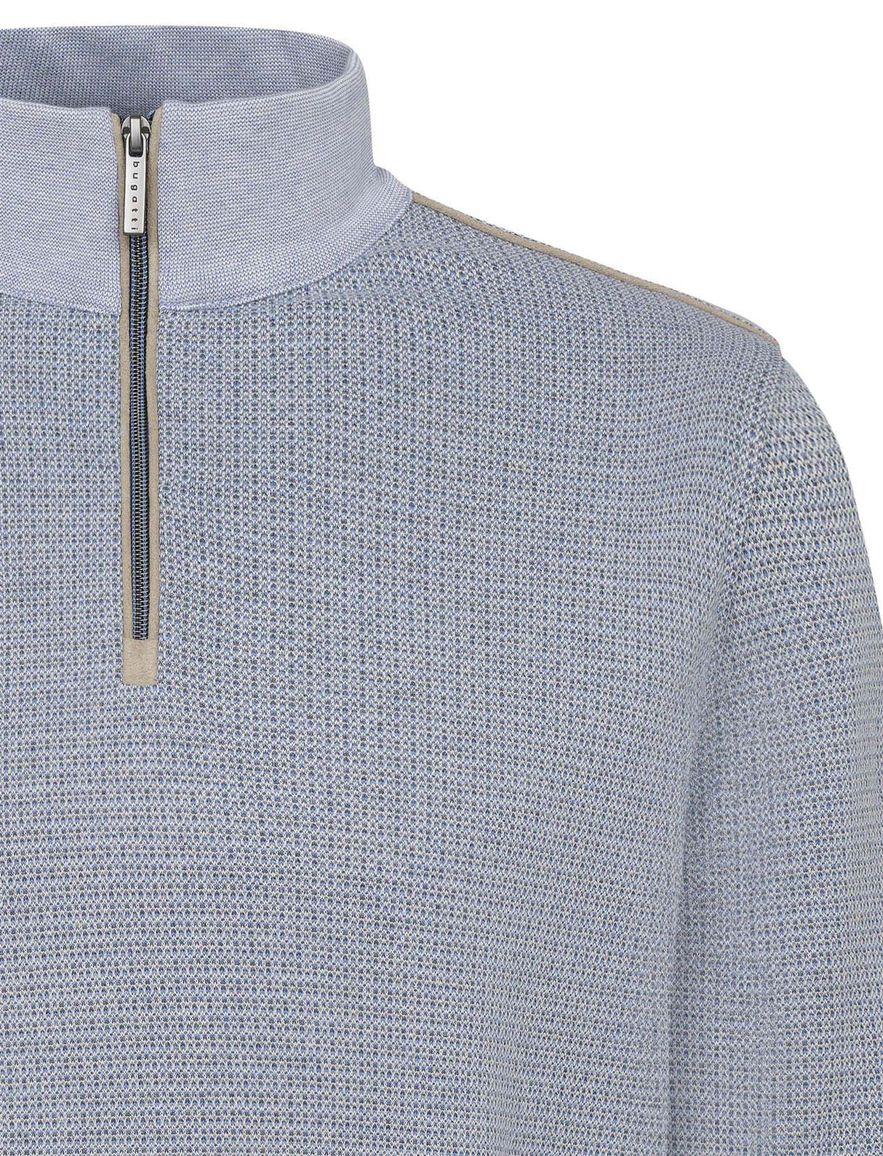 Bugatti trui lichtblauw half zip effen