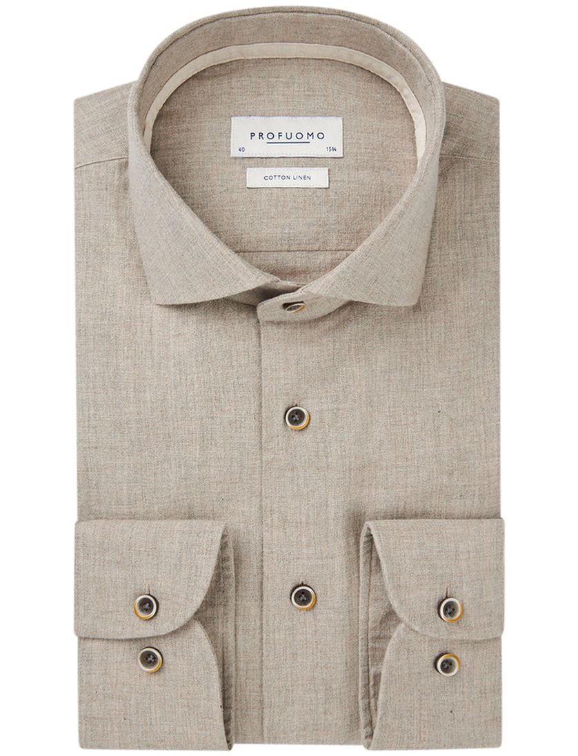 Profuomo overhemd beige katoen en linnen gemêleerd