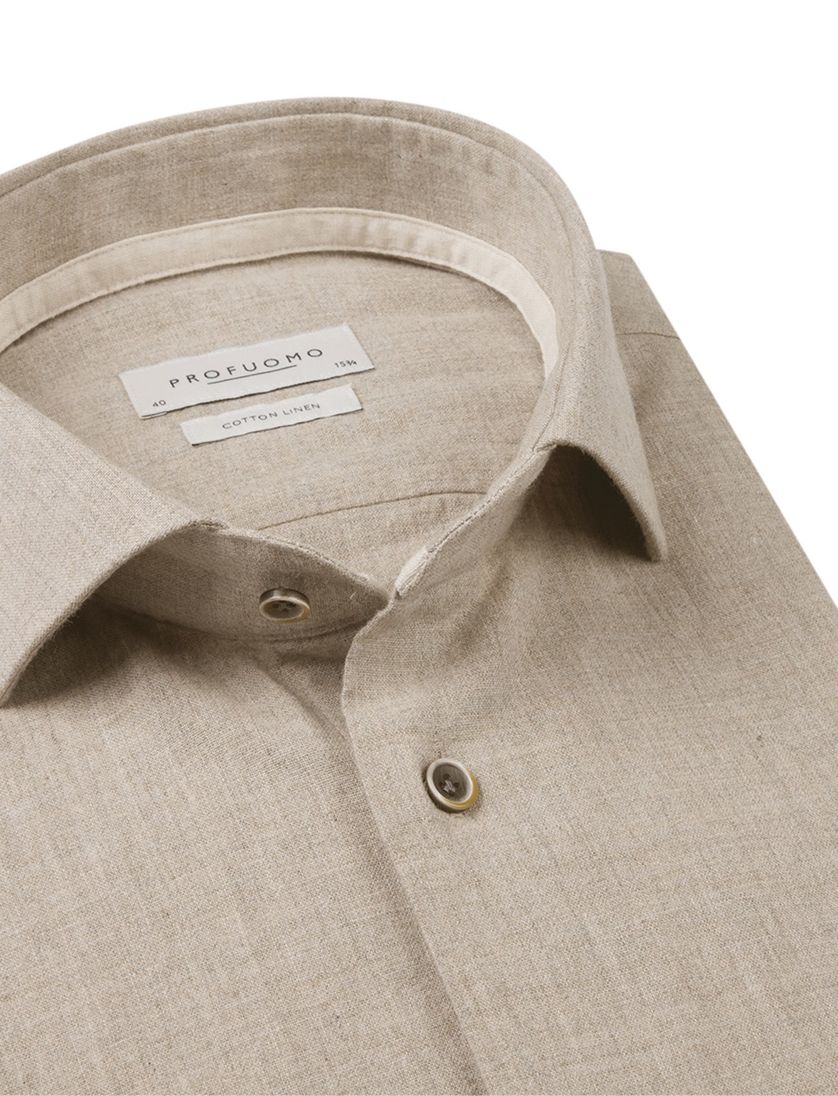 Profuomo overhemd beige katoen en linnen gemêleerd