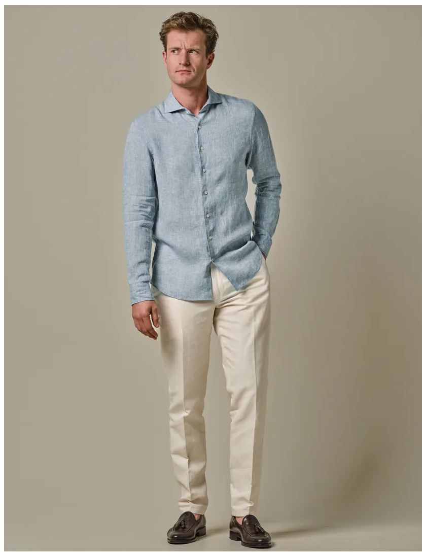 Profuomo overhemd lichtblauw slim fit linnen gemêleerd