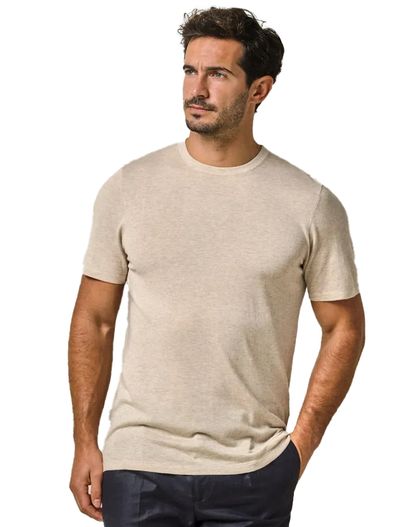 Profuomo Profuomo t-shirt beige gemêleerd lyocell ronde hals