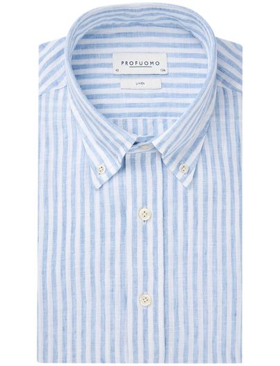 Profuomo Profuomo overhemd lichtblauw linnen gestreept slim fit