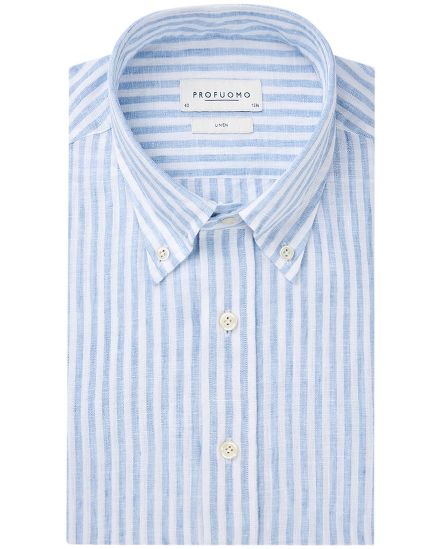 Profuomo overhemd lichtblauw linnen gestreept slim fit
