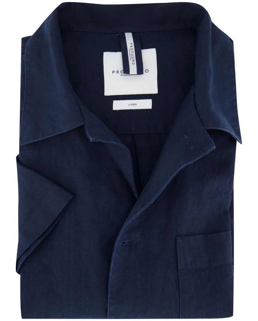 Profuomo overhemd korte mouw donkerblauw linnen