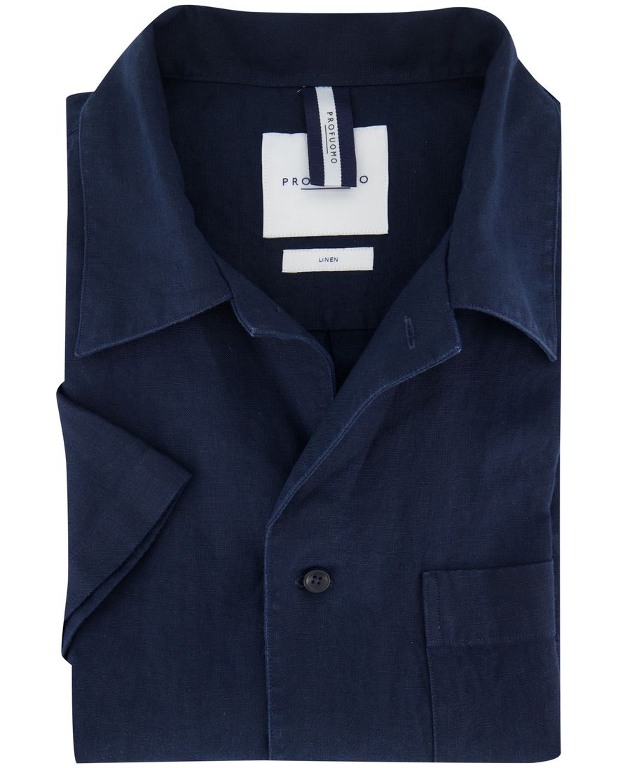 Profuomo overhemd korte mouw donkerblauw linnen