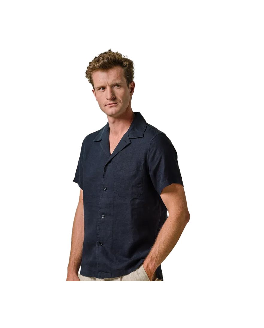 Profuomo overhemd korte mouw donkerblauw linnen