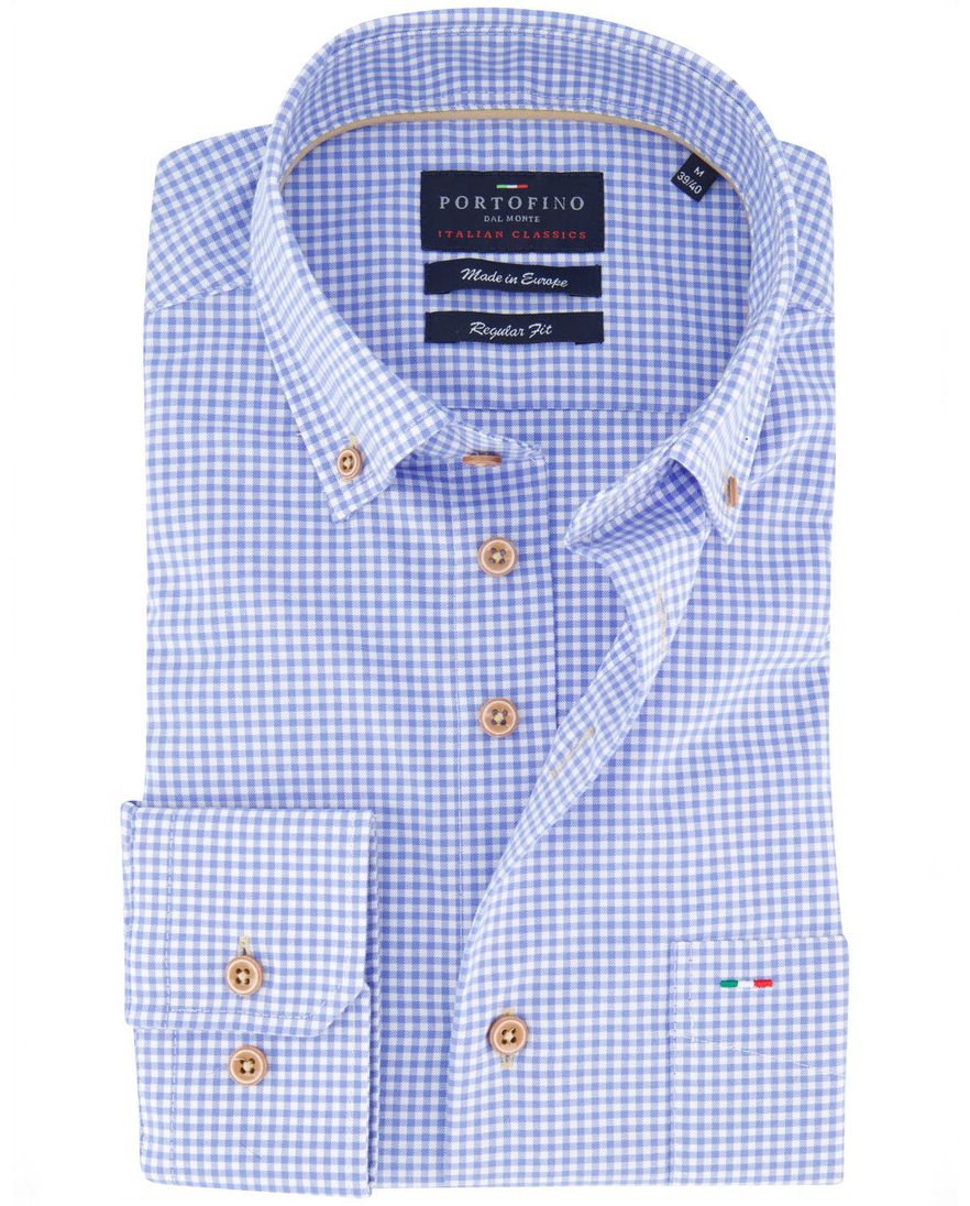 Portofino overhemd blauw geruit regular fit borstzak