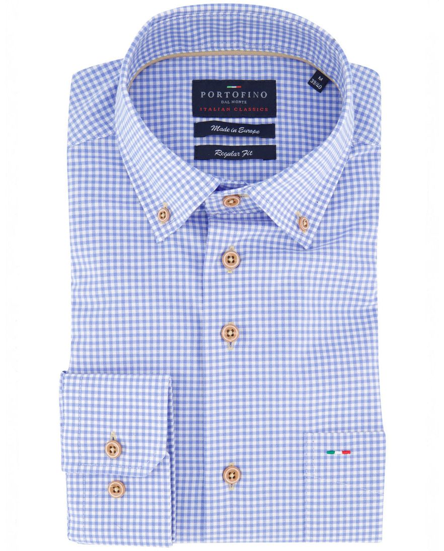 Portofino overhemd blauw geruit regular fit borstzak