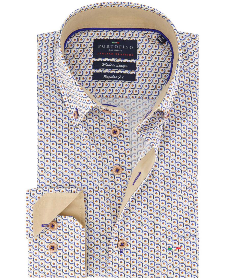 Portofino regular fit casual overhemd beige blauw geprint met borstzak