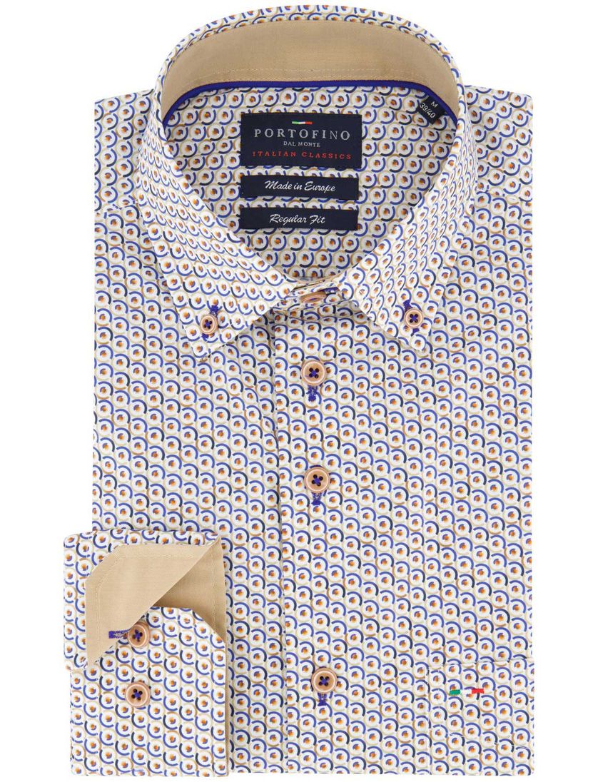 Portofino casual overhemd regular fit beige blauw geprint met button down boord