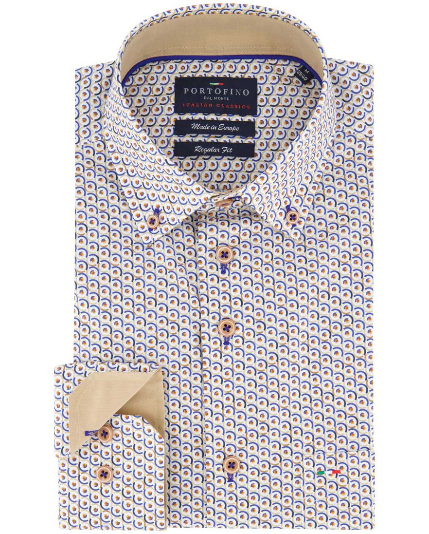 Portofino regular fit casual overhemd beige blauw geprint met borstzak