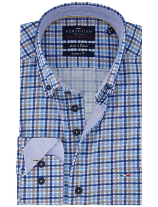 Portofino overhemd blauw beige geruit regular fit