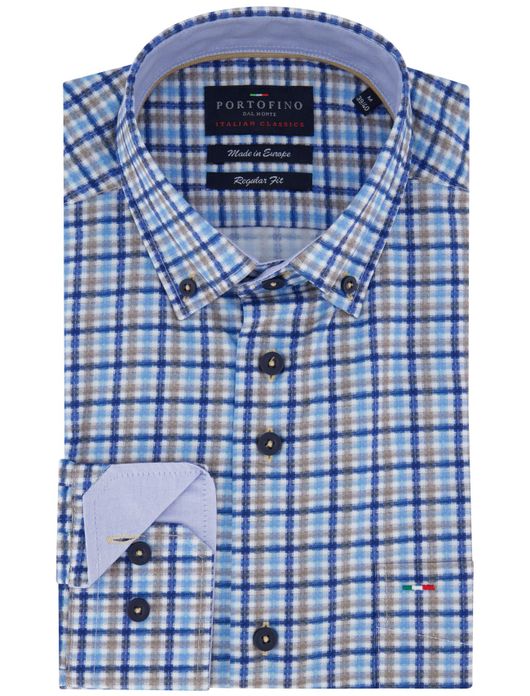Portofino overhemd blauw beige geruit regular fit