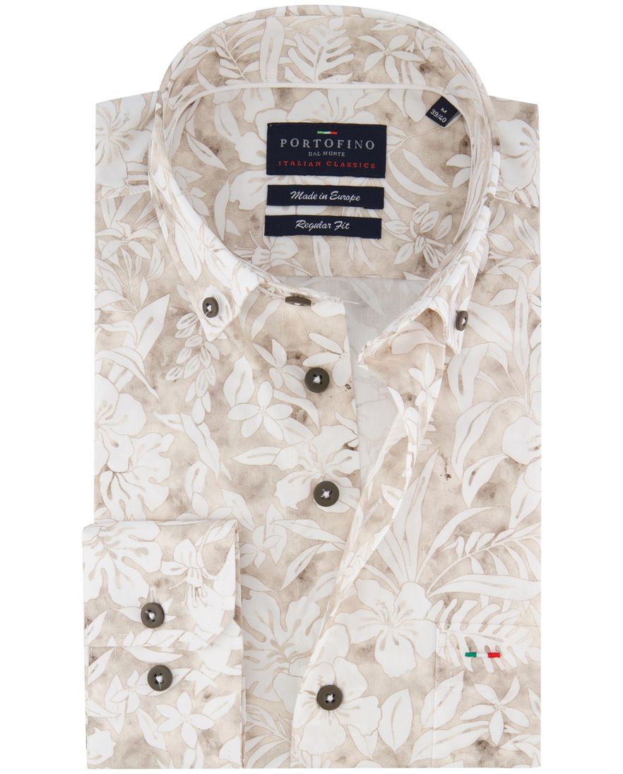 Portofino overhemd beige geprint wijde fit katoen