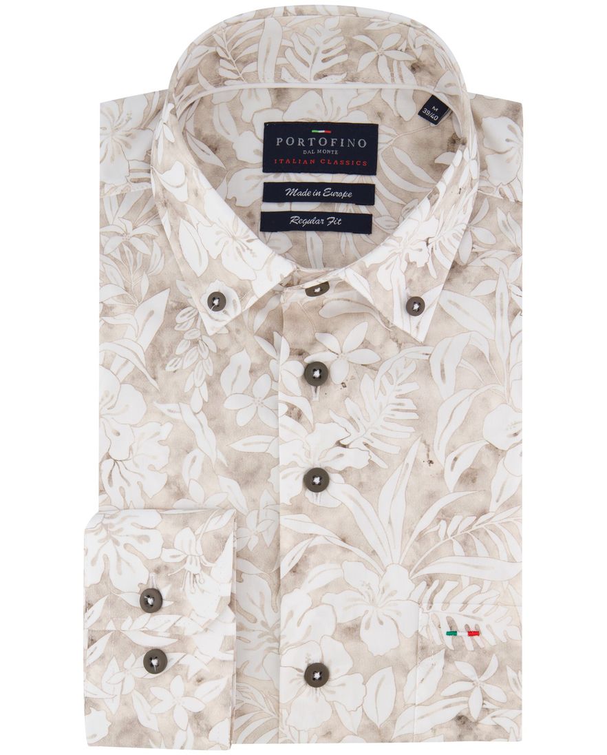 Portofino overhemd beige geprint wijde fit katoen
