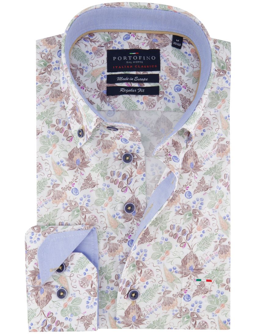 katoenen Portofino overhemd bruin groen geprint bloemen
