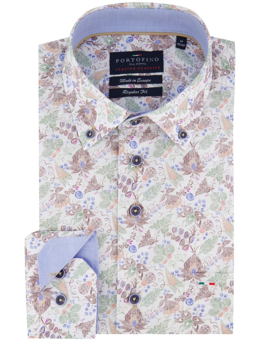 katoenen Portofino overhemd bruin groen geprint bloemen