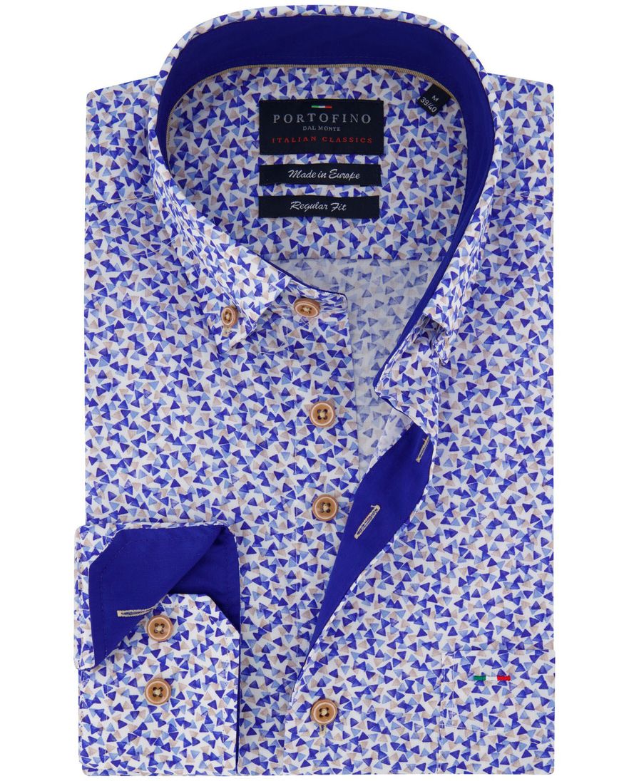 Portofino overhemd blauw geprint normale fit katoen