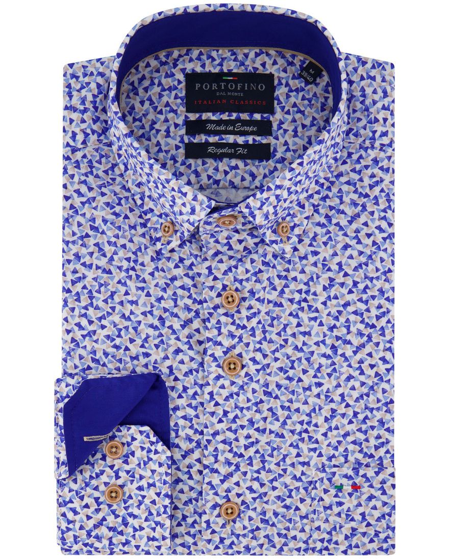 Portofino overhemd blauw geprint normale fit katoen