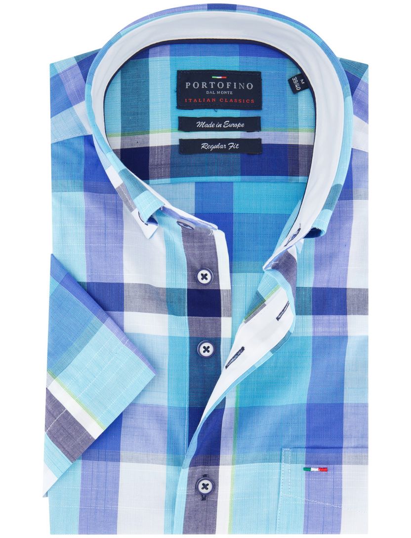 Portofino Regular Fit overhemd blauw geruit borstzak