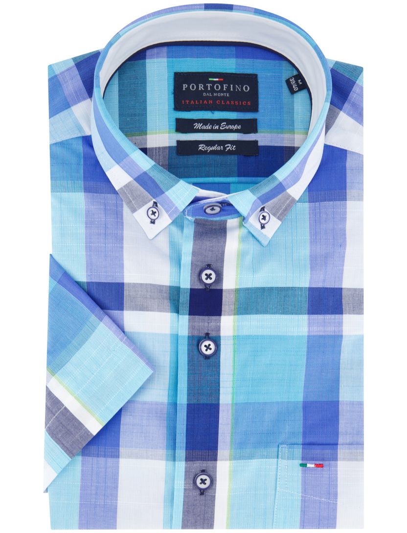 Portofino Regular Fit overhemd blauw geruit borstzak