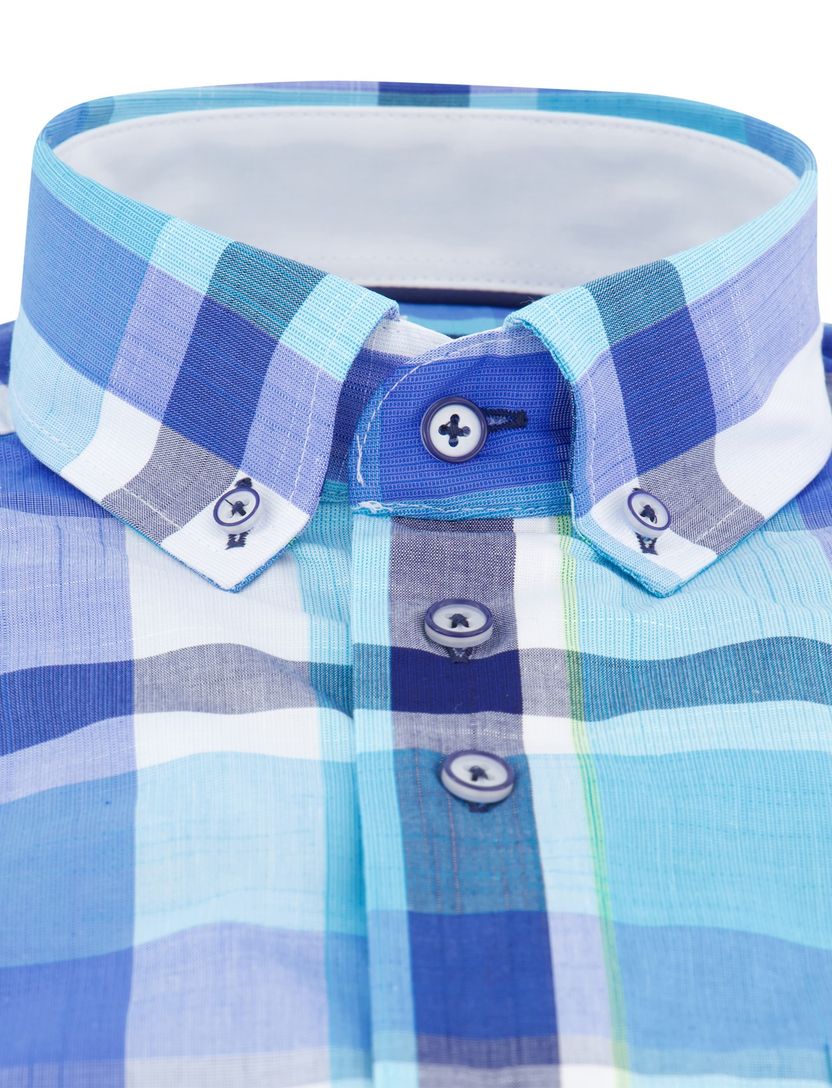 Portofino Regular Fit overhemd blauw geruit borstzak