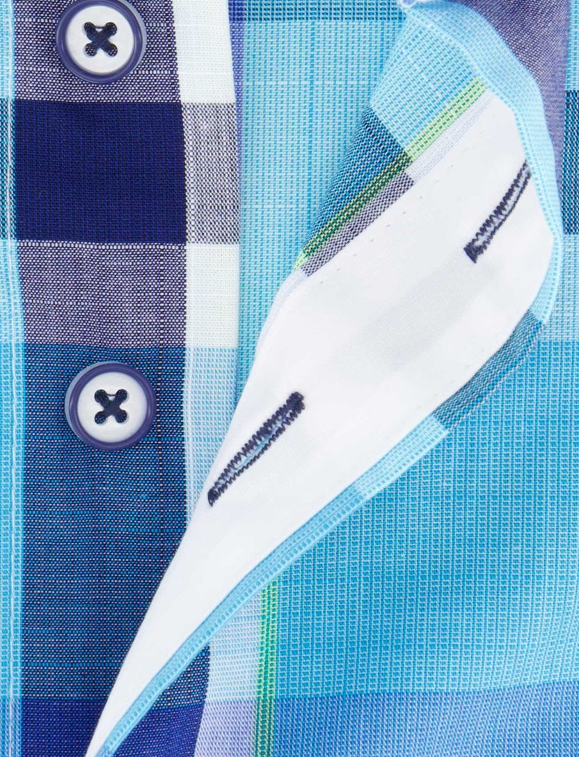 Portofino Regular Fit overhemd blauw geruit borstzak