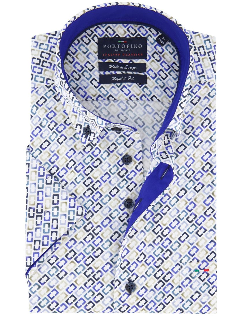 Portofino casual overhemd korte mouw regular fit wit blauw geprint met button down boord