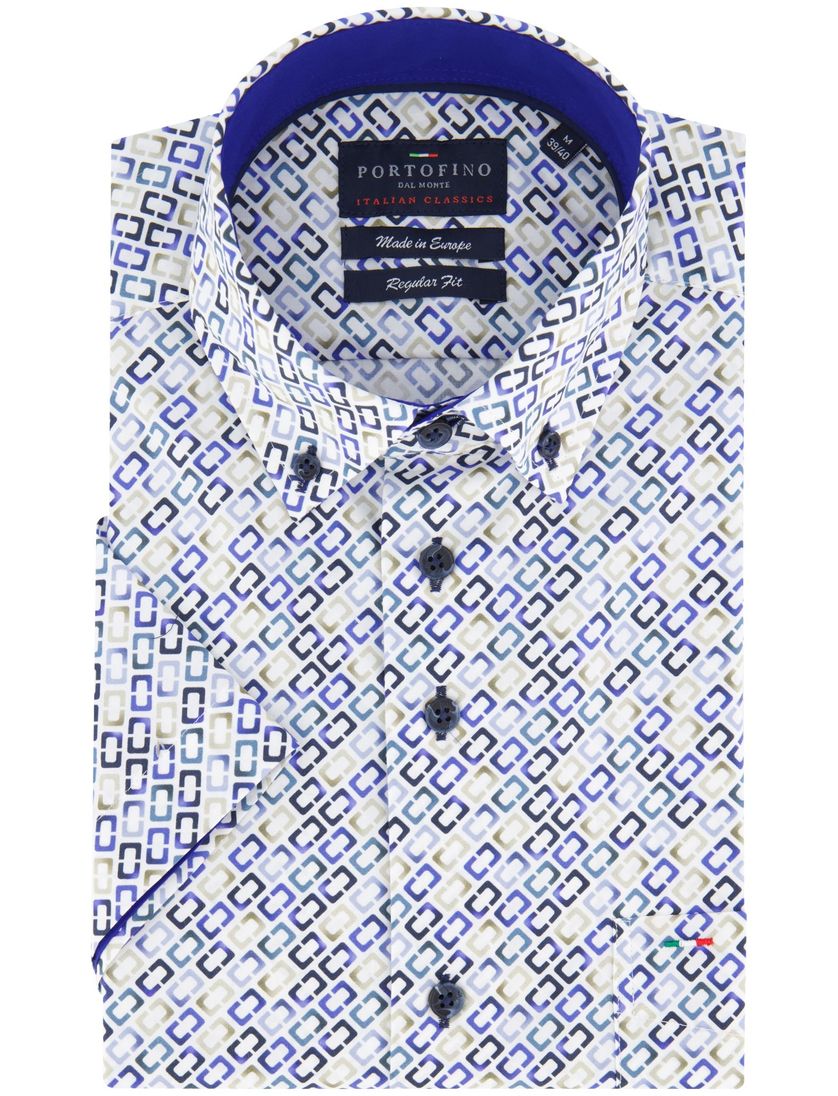 Portofino casual overhemd korte mouw regular fit wit blauw geprint met button down boord