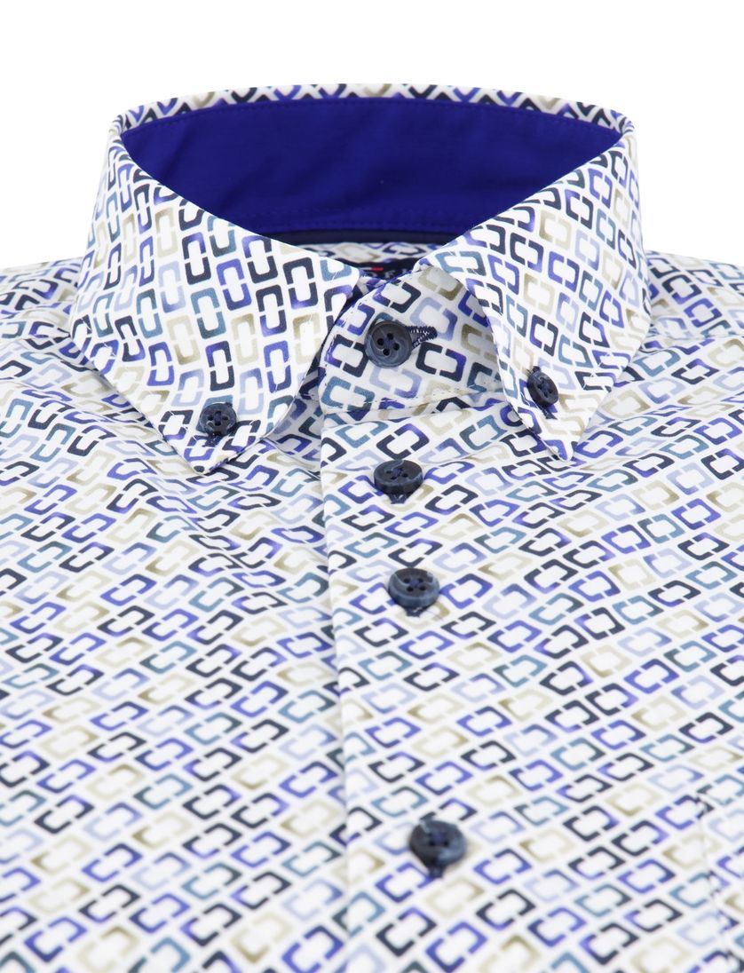 Portofino casual overhemd korte mouw regular fit wit blauw geprint met button down boord
