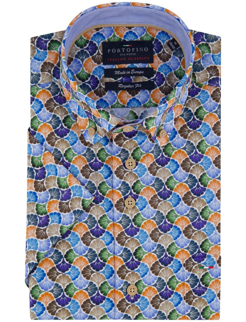 Portofino casual overhemd korte mouw regular fit blauw multicolor button down boord