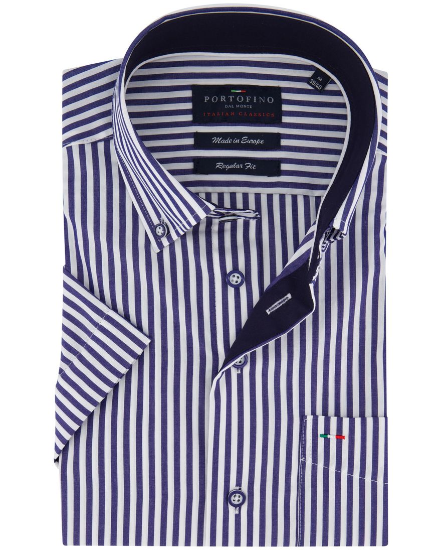 Portofino overhemd korte mouw donkerblauw strepen borstzak