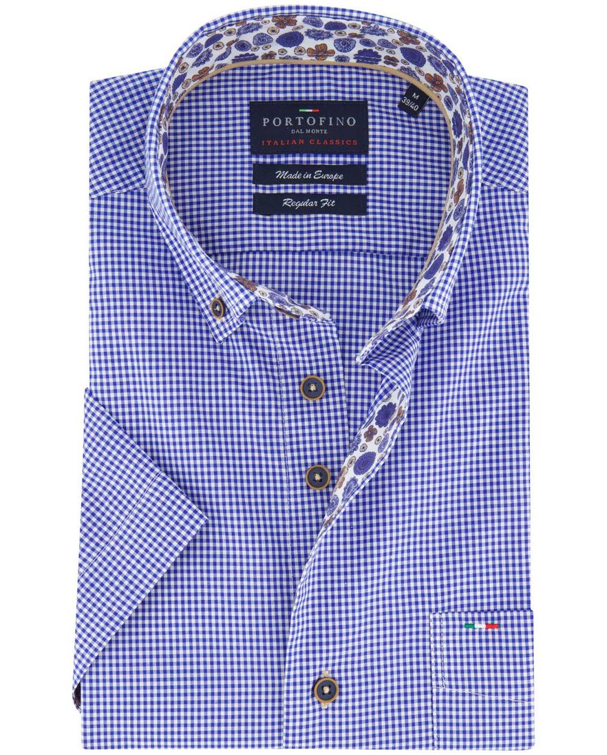 Portofino regular fit casual overhemd korte mouw blauw wit geruit