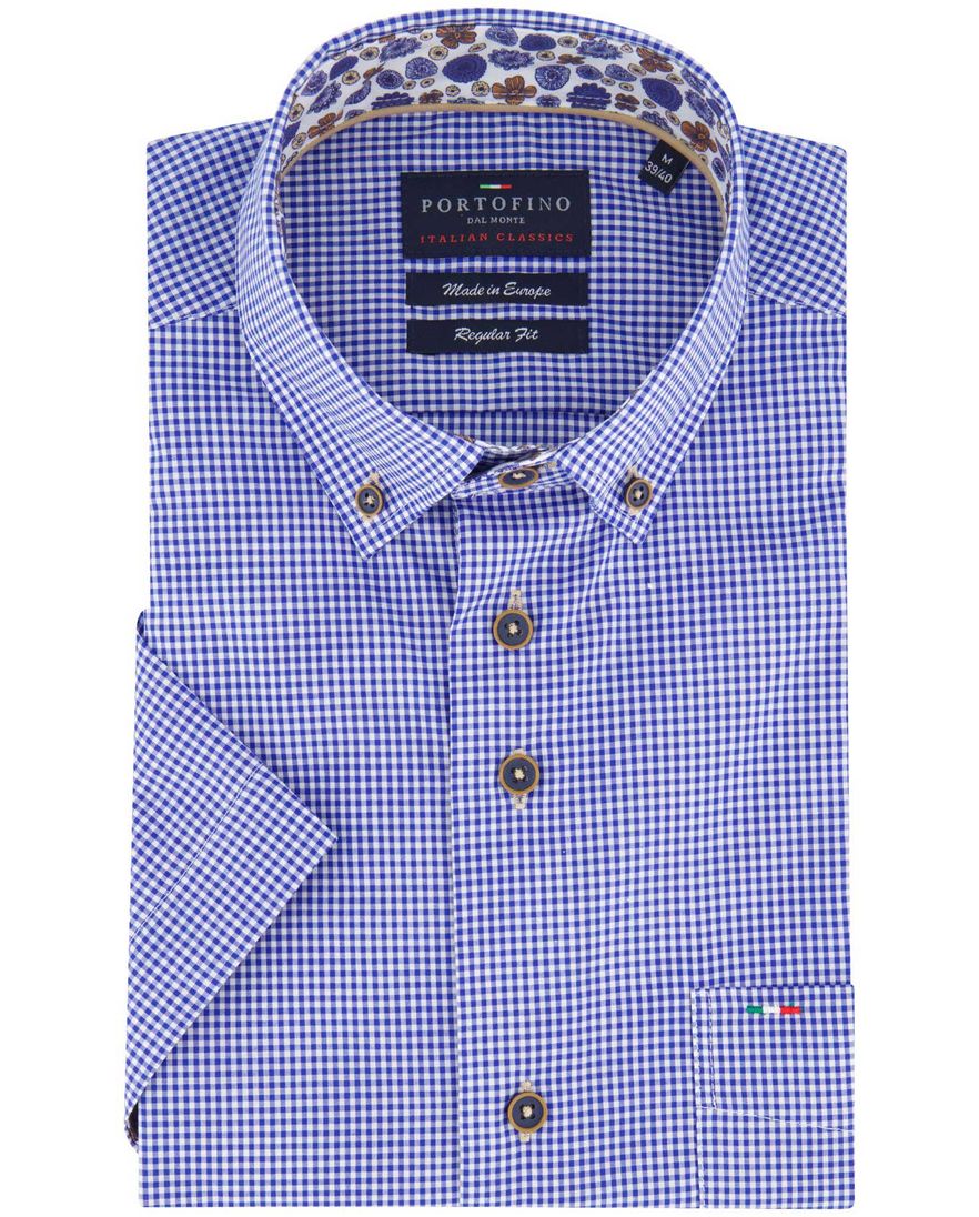 Portofino regular fit casual overhemd korte mouw blauw wit geruit
