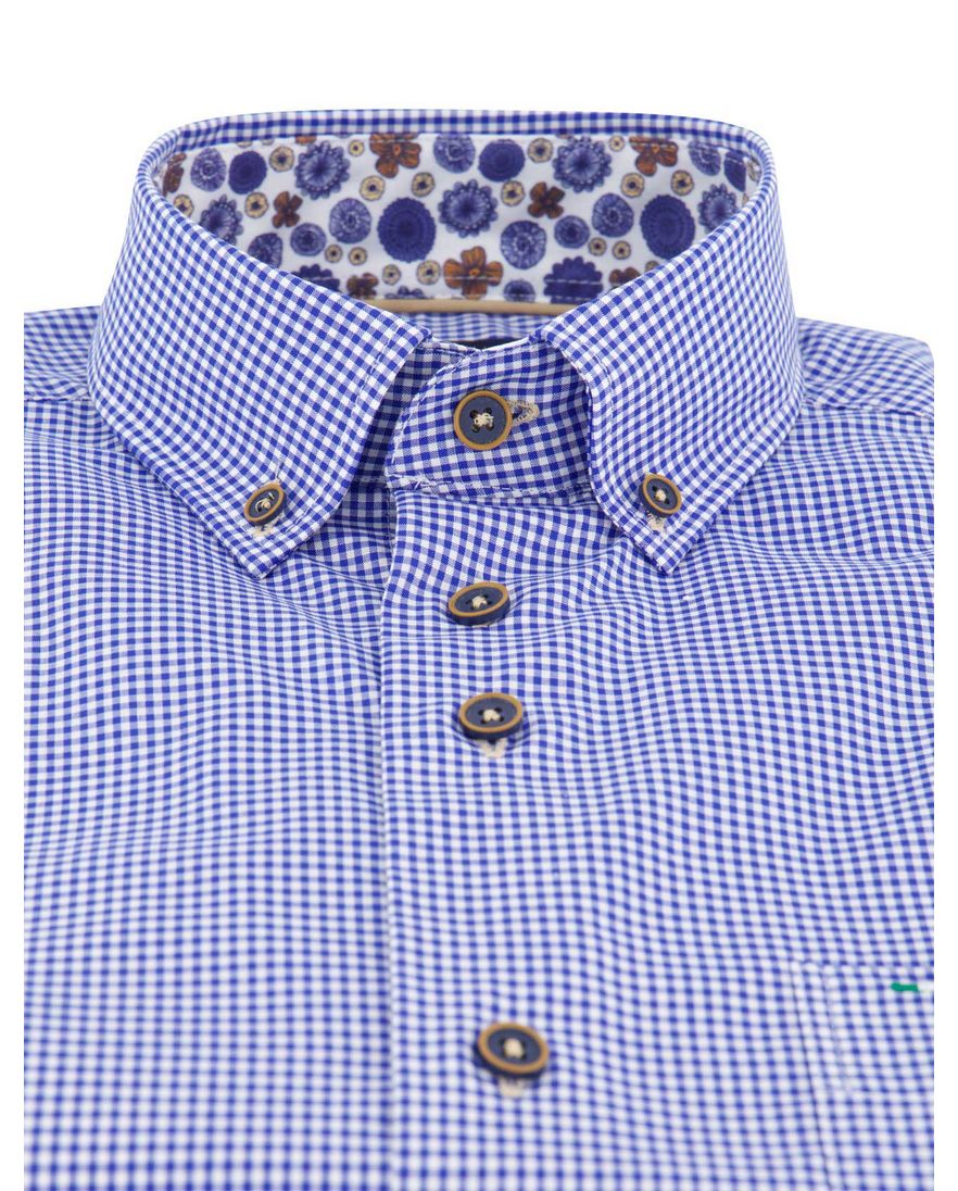 Portofino regular fit casual overhemd korte mouw blauw wit geruit