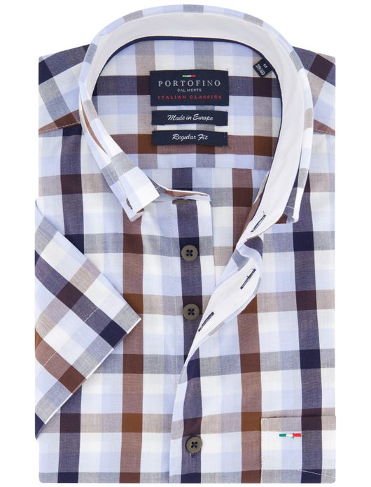 Portofino overhemd bruin korte mouw geruit