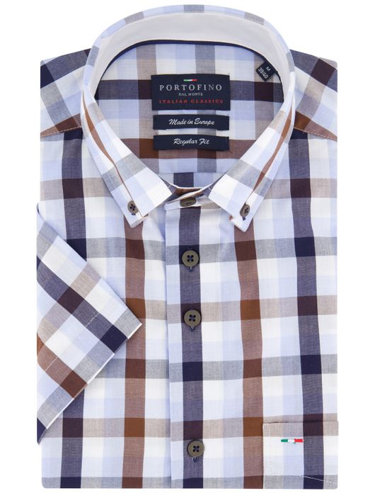 Portofino overhemd bruin korte mouw geruit