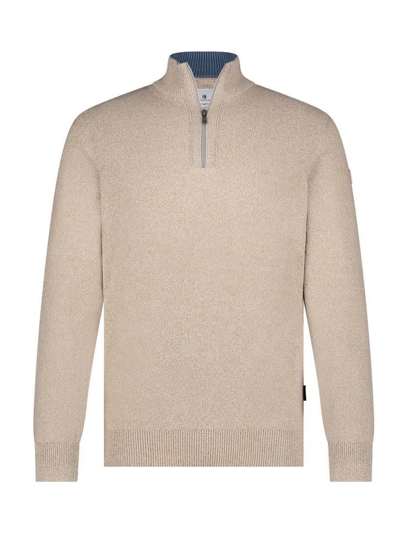 katoenen State of Art half zip trui beige wijde fit gemeleerd