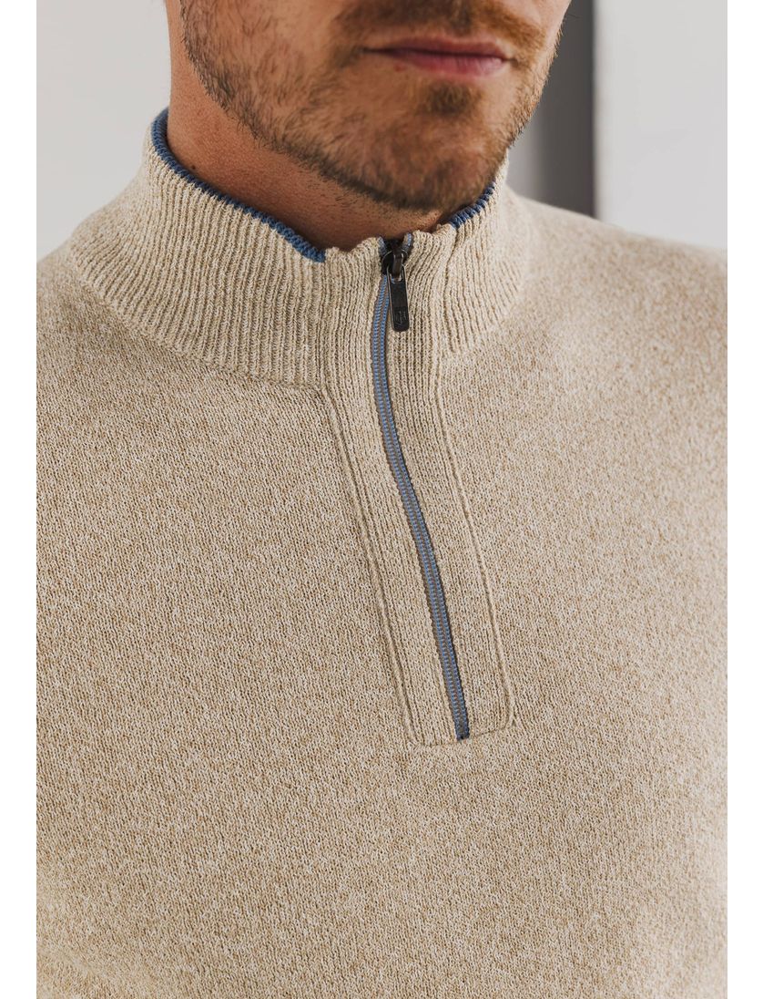 katoenen State of Art half zip trui beige wijde fit gemeleerd