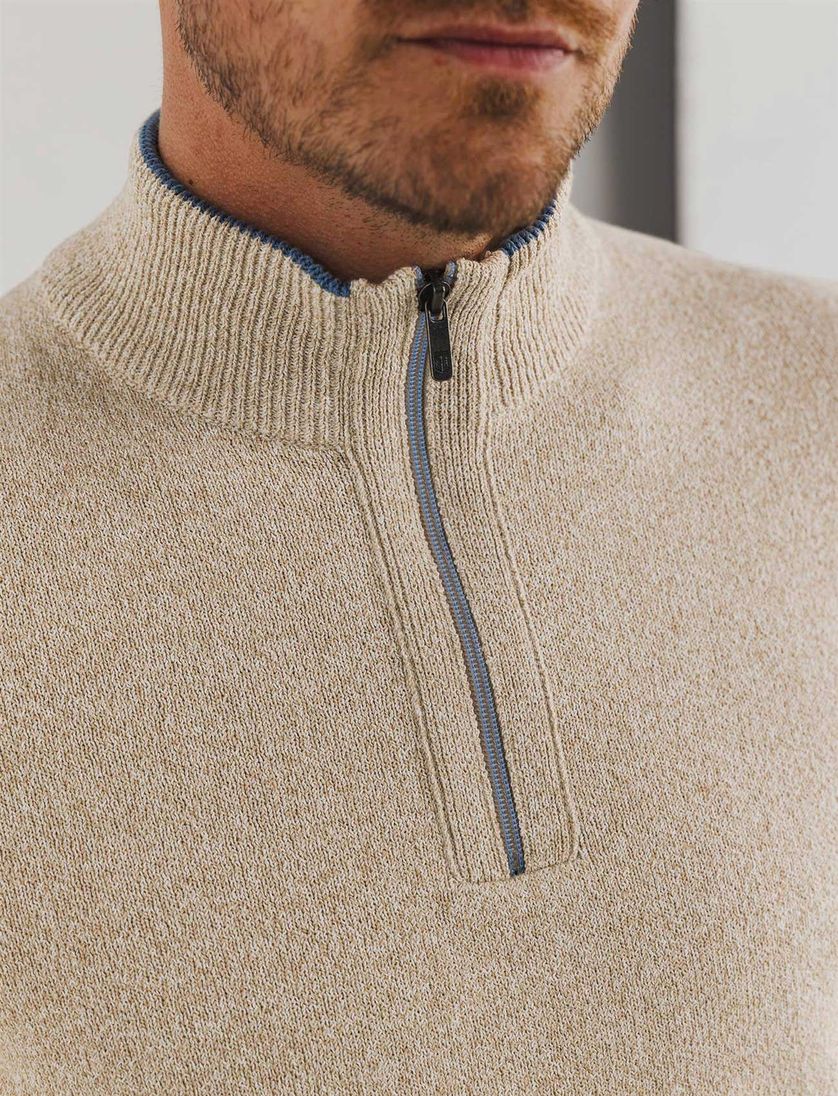 katoenen State of Art half zip trui beige wijde fit gemeleerd