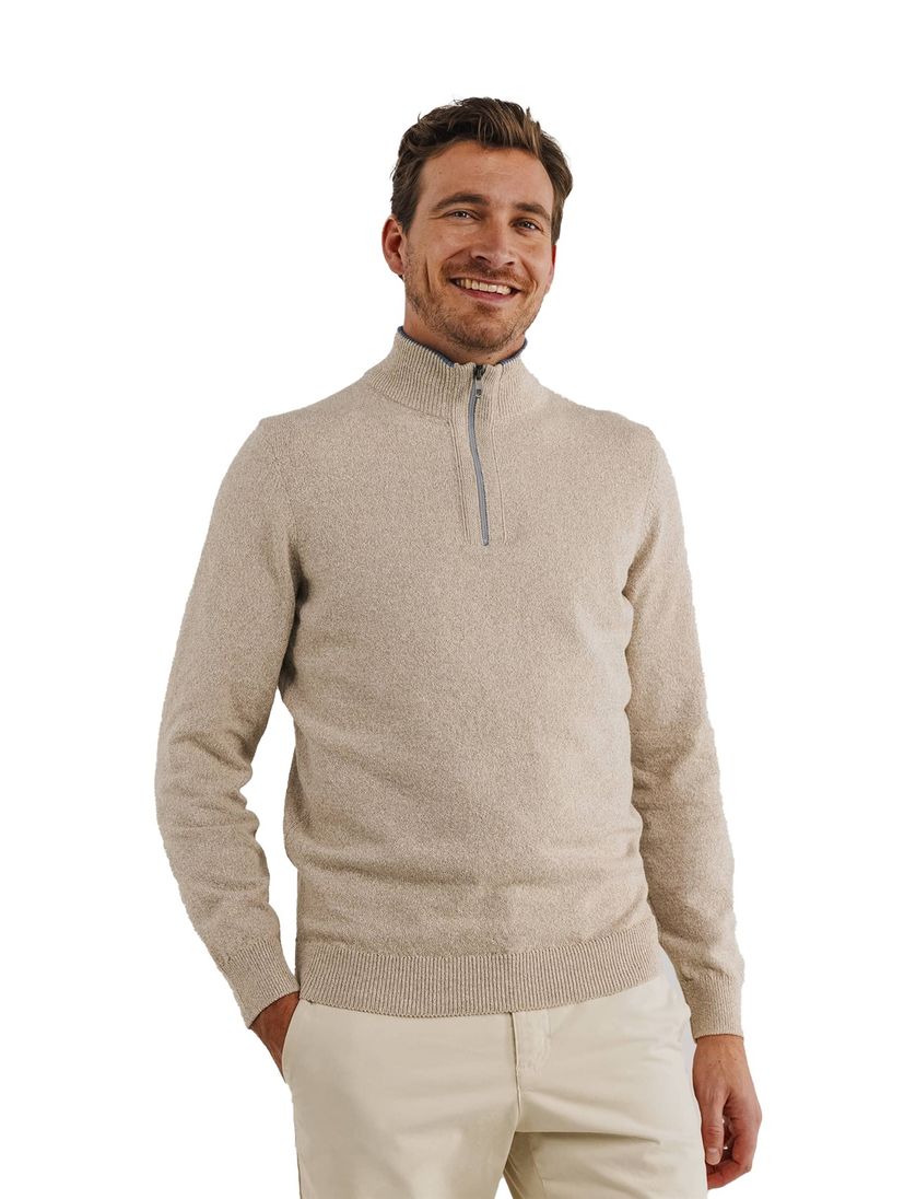 katoenen State of Art half zip trui beige wijde fit gemeleerd