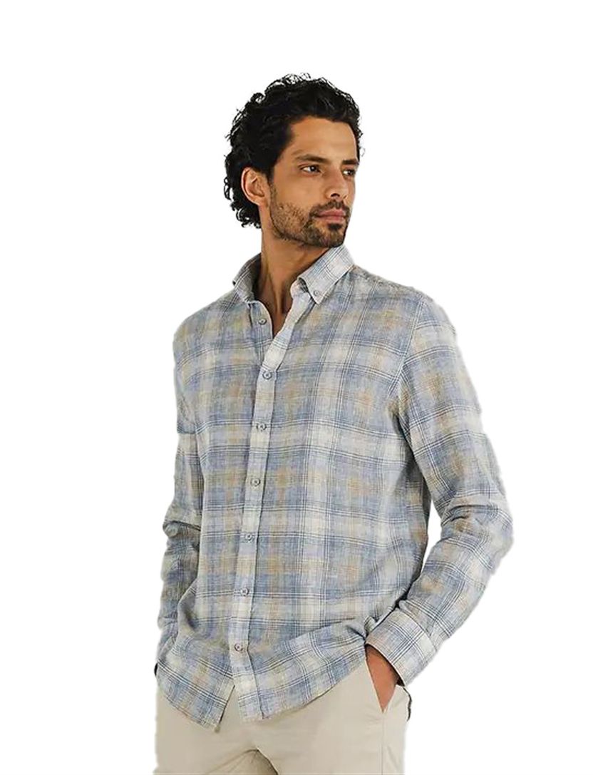 State of Art overhemd geruit blauw wijde fit katoen en linnen