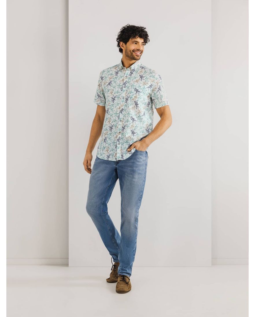 State of Art overhemd groen geprint linnen