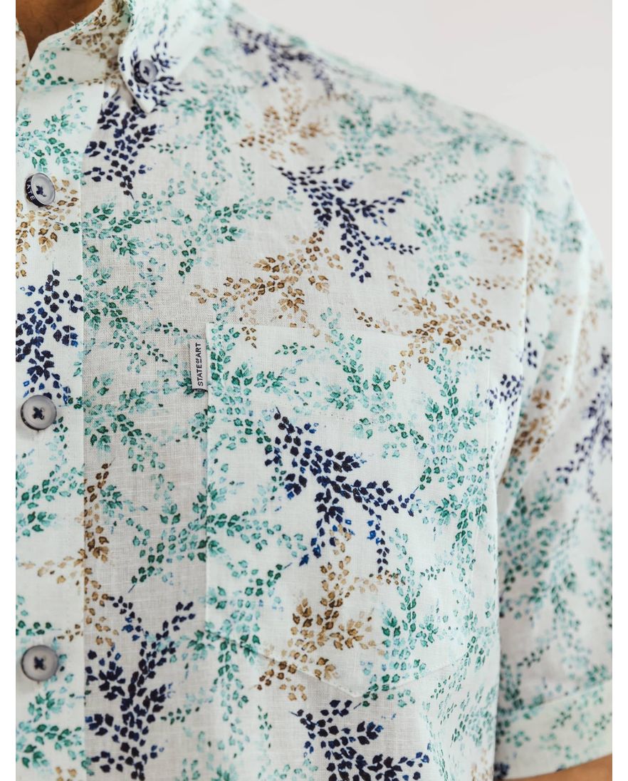 State of Art overhemd groen geprint linnen