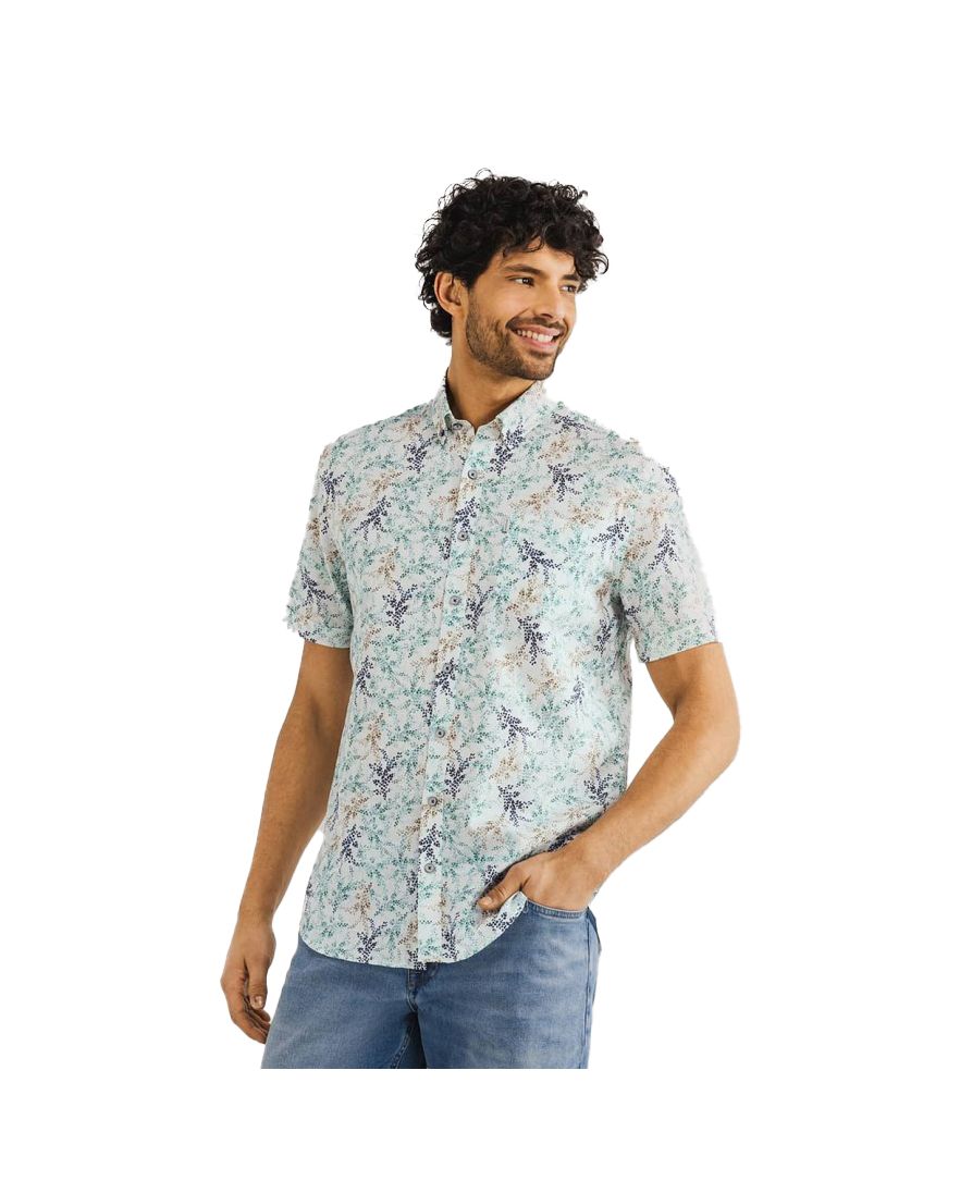 State of Art overhemd groen geprint linnen