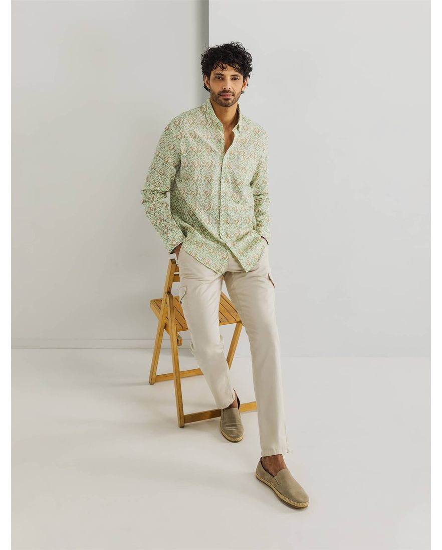 State of Art overhemd groen oranje geprint linnen