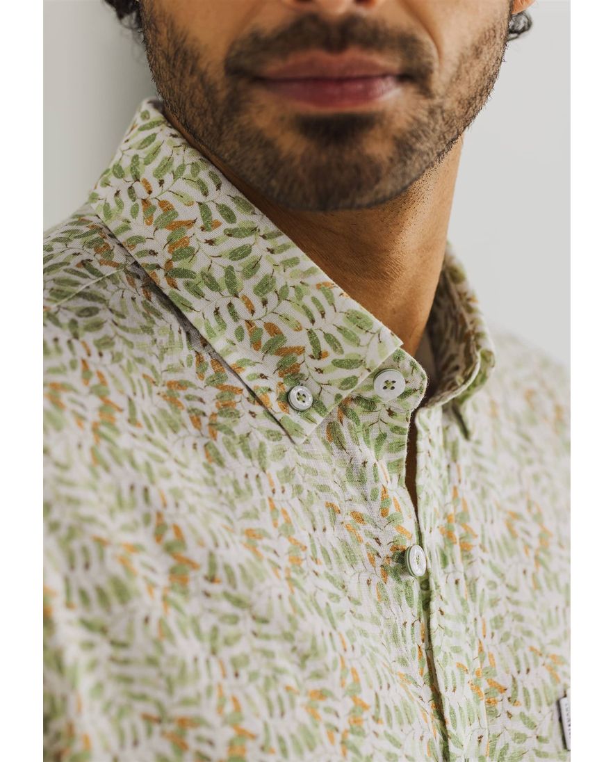 State of Art overhemd groen oranje geprint linnen