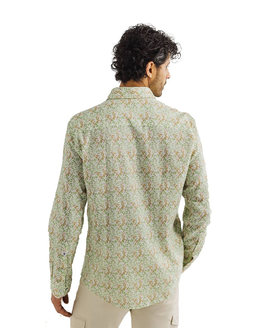 State of Art overhemd groen oranje geprint linnen